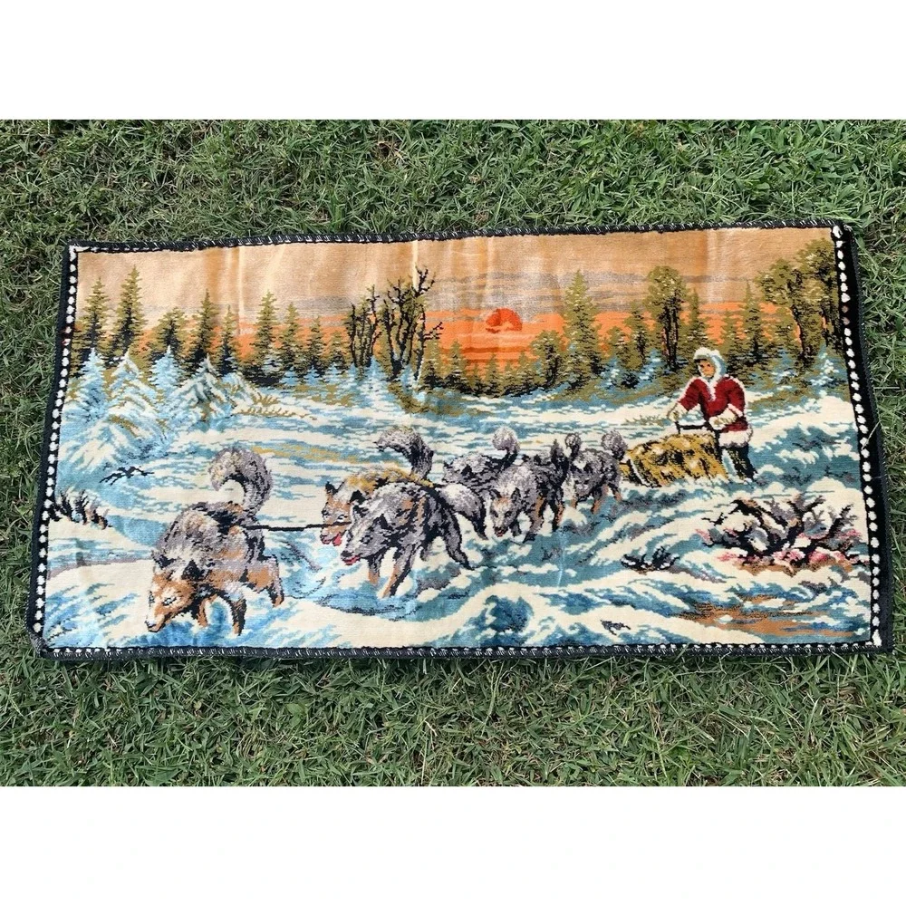 Vintage 60s Velvet Wall Tapestry Alaskan‎ Iditarod Dog Sledding Snowy Sunrise